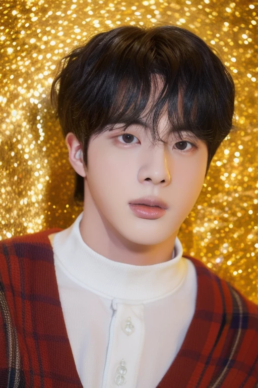 It creates the image of a young man who must strictly resemble BTS&#39;s Seokjin., with the same facial features, Expression, Hair style, and clothing. The image must faithfully capture your physical appearance, from her warm and friendly look to her modern and sophisticated style
