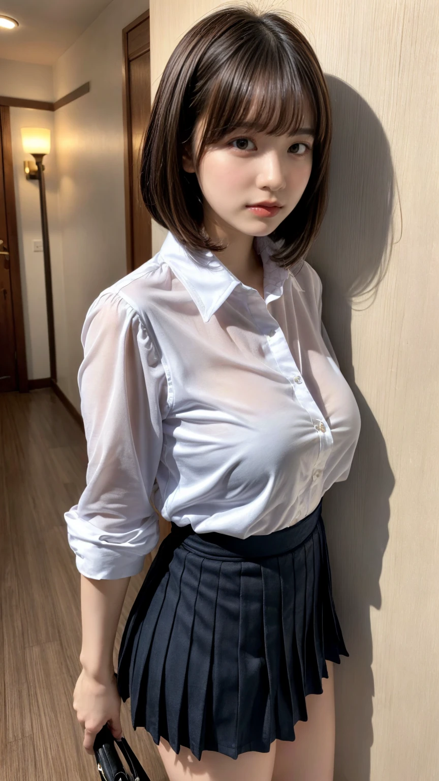 muste piece, best quality, illustration, Super detailed, fine details, High resolution, 8K,wall paper, perfect dynamic composition,(Details High quality, realistic depiction of eyes:1.3), standing, short hair, (wavy hair:1.2), (Oversized_Shirt:1.2)、Oversized_Shirt, Layered Cut, black hair color, Big Natural Color Lip, hotel room, crying a little、cold gaze, Harajuku style、20 year old girl、cute type、ta, Gravure Idol, full body photo、focus on crotch, huge breasts