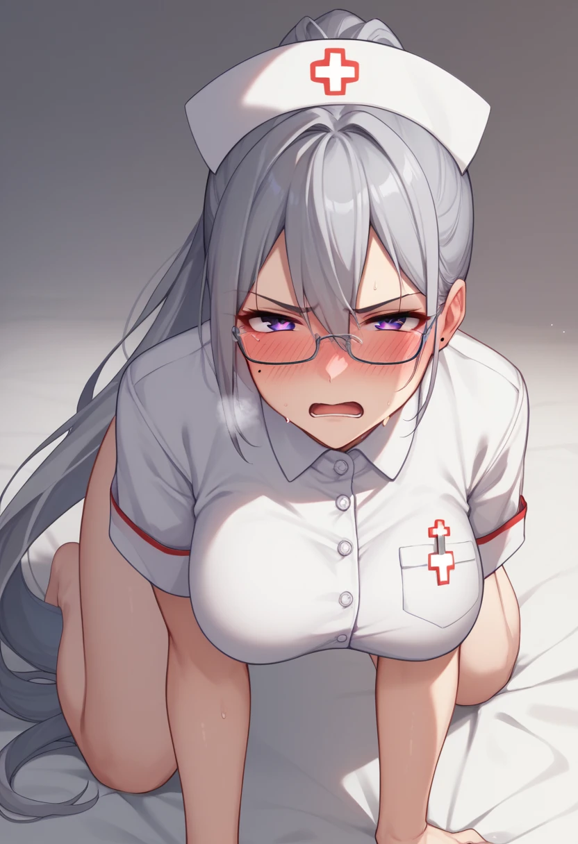 hk1, purple eyes, grey hair, hair between eyes, long hair, very long hair, ponytail, mole, mole under eye, bow, white bow、large breasts，On all fours，Nurse uniform、Nurse uniform、Glasses snap，blush:1.3 ，Sweaty:1、Difficulty breathing、sexual expression, Panicked, Glare、Hearts in eyes, blush, Drunk, Open your mouth