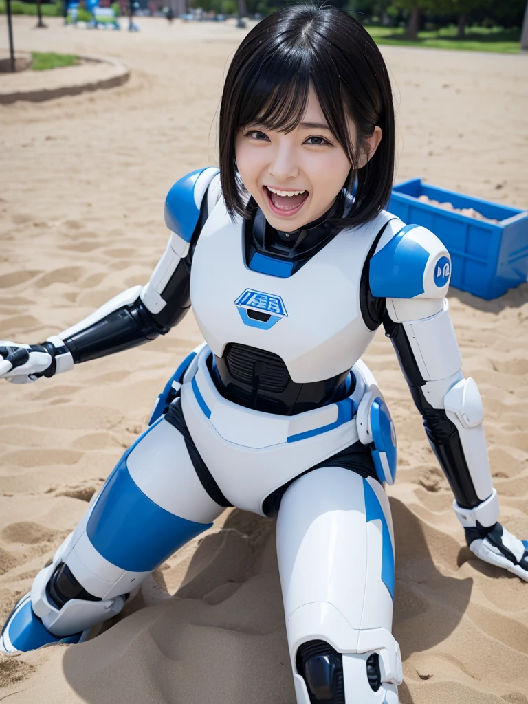 Japanese female android,Black Hair,White and blue robot suit,Plump,Playing in the sandbox at the park,