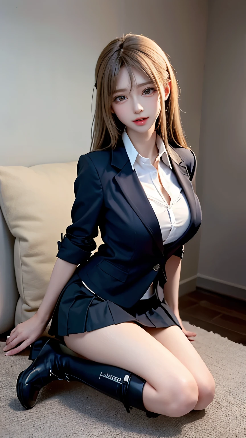 （Very delicate and beautiful：1.2）super model,,Big Breasts,Beautiful breasts,voluptuous,【bike shorts】,,【3girls】,,Highest quality, High resolution, 8k,mini skirt,Blonde.boots.uniform.high school girl.blazer