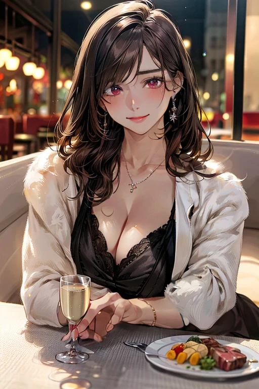 (masterpiece:1.3, top-quality, ultra high res, ultra detailed), (realistic, photorealistic:1.4), beautiful illustration, perfect lighting, natural lighting, romantic lighting, colorful, depth of fields, nfsw, 
looking at viewer, (pov across table), 1 girl, japanese, high school girl, (perfect anatomy, anatomically correct, super detailed skin), cute and symmetrical face, perfect face, perfect eyes, 
(long hair, curvy hair, brown hair), swept bangs, maroon eyes, long eye lasher, (large breasts:0.8, seductive thighs, big ass), baby face, shiny skin, outstanding style, , 
beautiful hair, beautiful face, beautiful detailed eyes, beautiful clavicle, beautiful body, beautiful chest, beautiful thigh, beautiful legs, beautiful fingers, , 
(cleavage, necklaces, black bracelets),  
(beautiful scenery), day time, (food, steak, champagne glass, restaurant:1.4), head tilt, (lovely smile, upper eyes), 