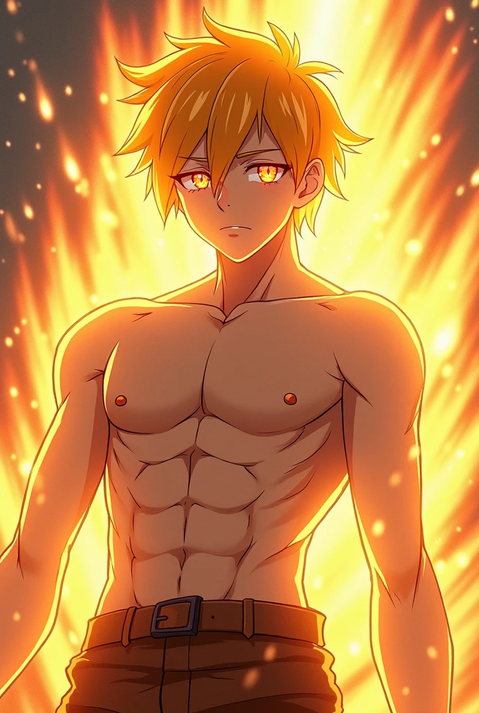 Teenager, fire spirit, Fire hair, translucent body, bare torso, ,man,, beautiful smile, fantasy anime style, bright yellow complexion, dragon neck tattoo, black atmosphere, shorts, shy,