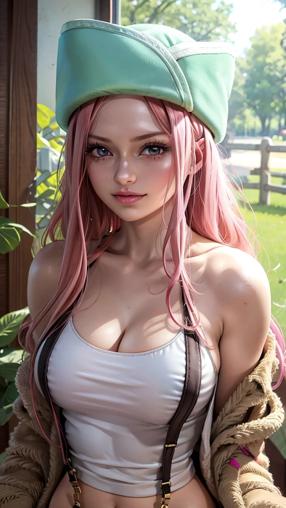 olhando para trás, mostrando a bunda para câmera, realistic 1.5, Jewelry Bonney one piece, the best possible quality, (Ultra resolution 8K), beautfull woman, pink hair The most beautiful of all, long hair, wearing a light green cap, lush body, bunda perfeita, Exotic tone, Erotic, Micro Lingerie, Cute Character Cosplay,