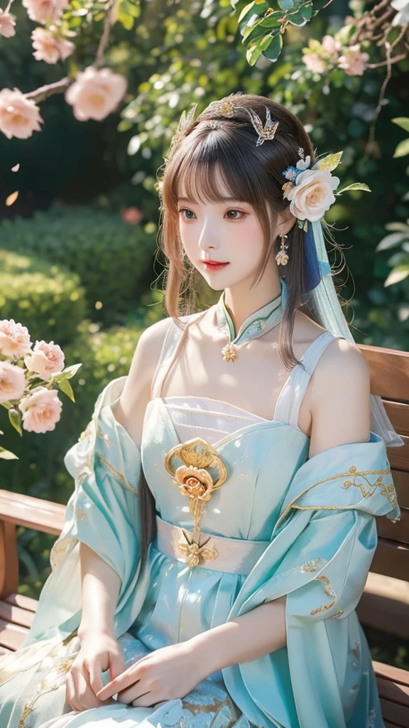 a close up of a woman sitting on a bench with a flower in her hair, palace ， a girl in hanfu, beautiful character painting, 8k)), beautiful digital artwork, digital art of an elegant, ((a beautiful fantasy empress)), a beautiful fantasy empress, beautiful digital illustration, chinese style, cute elegant pose, beautiful anime portrait, beautiful anime woman