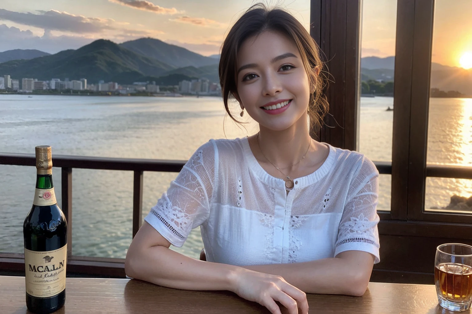 ((Highest quality、、masterpiece:1.3))、1 male、1 female,44 years old 39 years old、Put the light on my face、Slim Beauty、Beautiful couple、Upper Body、smile、 (Slim face), (the body is スリム), (Brown Hair), (Shortcuts), テーブルのフルコースディナーとwine glass、Amazing view of the sunset sky and clouds、smileの美しさ、Wine bottle、sparkling wine、Long sleeve shirt、dress、White wine, red wine, wine glass, Beautiful fine grain, Depth f/2,saturation, High Contrast, Strong light and shadow,Moist Body:1.5、 texture、The hair is very shiny、