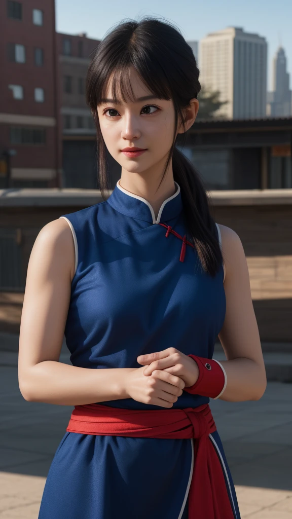 chichi, 1girl, solo, black eyes, black hair, blunt bangs, sidelocks, low ponytail,
china dress, blue dress, sleeveless, red sash, wristband, bare shoulders,
smile,closed mouth,cowboy shot,
city ,outdoor, sunny, light on face
(insanely detailed, beautiful detailed face, masterpiece, best quality) cinematic lighting, (insanely detailed, beautiful detailed face, masterpiece, best quality) cinematic lighting, (photo realistic:1.4), (hyper realistic:1.4), (realistic:1.3), (smoother lighting:1.05), (increase cinematic lighting quality:0.9), 32K