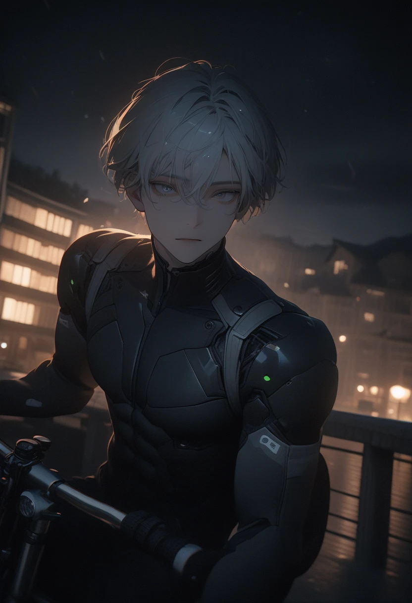 (8K, RAW photos, best quality, masterpiece: 1.4), (((Boy on bike)))，Ultra-high resolution, Extremely detailed, light, closeup of arms, handsome boy, black eyes, (delicate eyes, Eyes are bright:1.2), Gray short hair, Fair skin,dark,(perfect anatomy:1.2), High-quality shadows, Natural Lighting, (White highlights:1.2), night, cloudy day, (Four-story residential building:1.2), (Bridge at night:1.2)