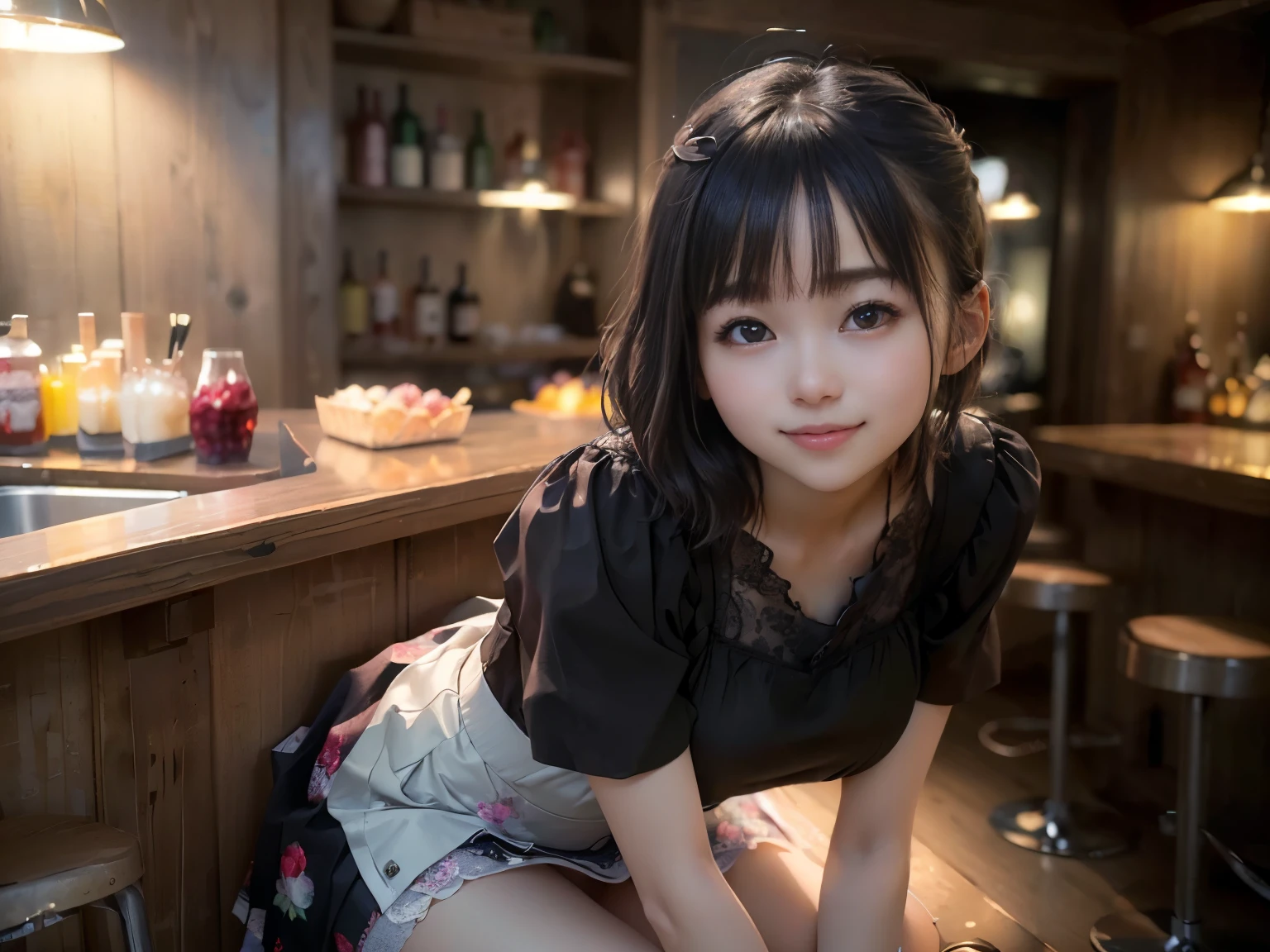 (Highest quality, masterpiece, Ultra-high resolution, 8k, RAW Photos, Realistic, Anatomically correct:1.5), 20-year-old girl:1.2, Embarrassing, avert your eyes, blush:1.0, View Viewer, ((bar)) 、Large windows、Night view、 Light:1.2, Bokeh, Cinema Lighting:1.0, Depth of written boundary, sharp、 Cute Face、Idol、(Black short sleeve lace top)、(Black tulle skirt)、(Navy blue clothes)、(Floral clothes)、”dwarf”、(Full Body Shot)、(Side angle)、Cowboy Shot、( smile)、((Ultra short hair、Berry Short))、(Straight bangs)、((See-through))、(( One woman))、look back、I can see your belly button、