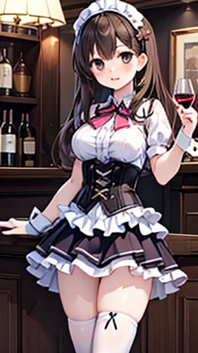 (masterpiece, Highest quality, Absurd, Game CG, figure, Very detailed), One girl, alone, (mayu kuroe), Beautiful attention to detail, Are standing, Hostess Bar, wine bar, corset dress, No sleeve, Thigh-high socks