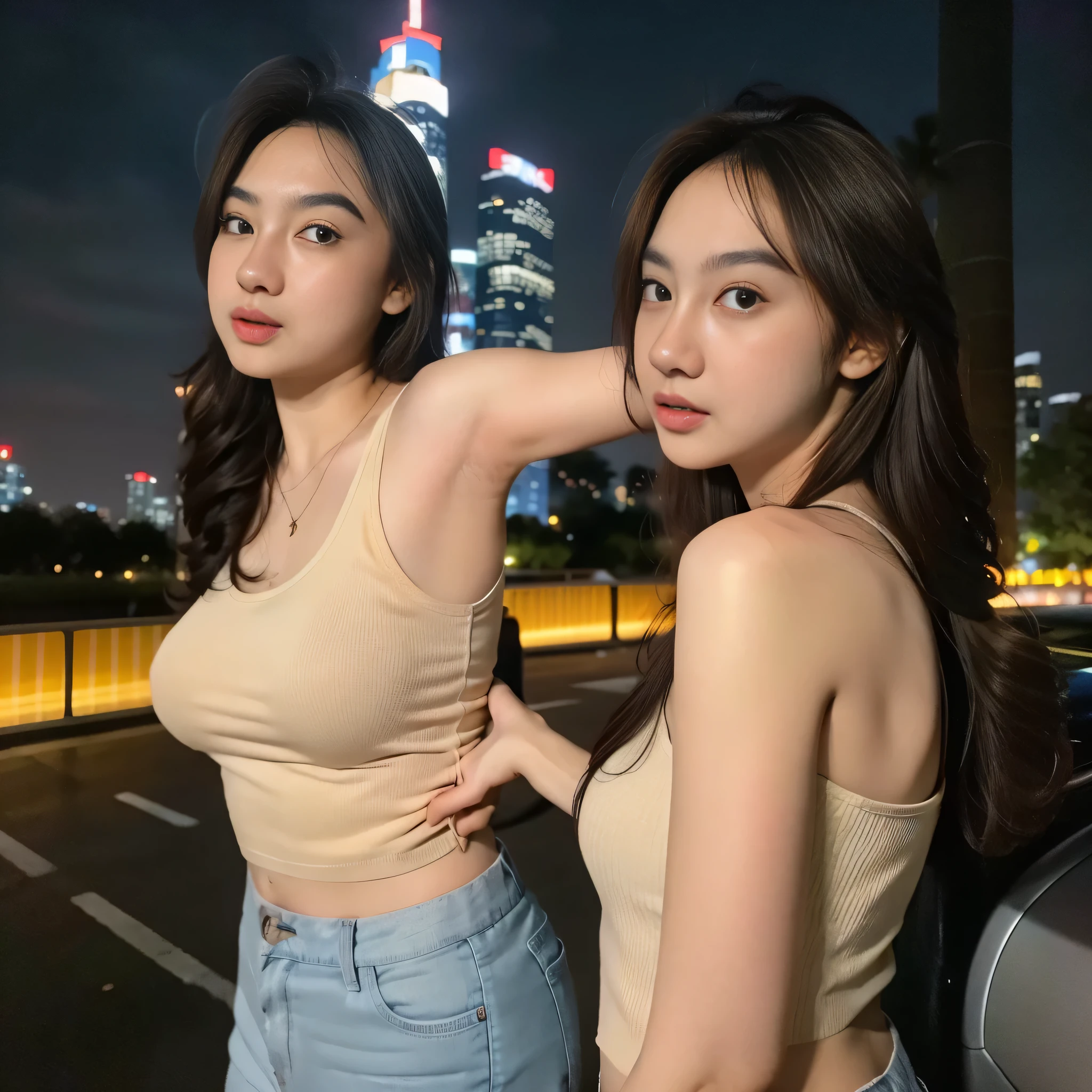 1girl, solo, 1 girl, standing tall, outdoors, night view, detailed Metropolitan city at the background, (zoom out: 1.4), detailed face, detailed eyes, brunette, big breasts, smooth realistic skin, semi-curvy body, white tanktop, thin hot pants, looking at the audience, (8k, RAW photo, best quality, masterpiece: 1.2), (realistic, realistic: 1.37), ultra-high resolution, Macro Photo