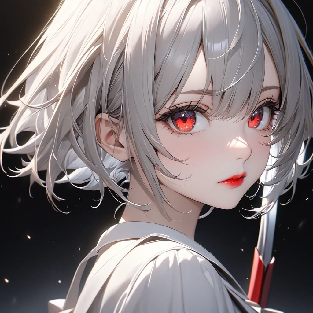 最high quality, wonderful_delicate, wonderful delicate eyes, Super detailed, beautiful, 8k , One girl, Red eyes, evil, Facial Contour,(Absurd, High resolution, Super detailed), masterpiece, The perfect solution, wonderfulディテール, Super Detailed,  Ray Tracing, Depth of written boundary, Cinema Lighting, Ray Tracing, 超High resolution, Attention to detail, 最high quality, High resolution, high quality, Awards, Super Detail, masterpiece, 8k, 超High resolution, Attention to detail, 最high quality, High resolution, high quality, Awards, Super Detail, masterpiece, 8k, Digital Art, Anime Coloring、1 girl、、Black background、Black background、Full body angle、White and black hakama、Similarly、Are standing、Black background、Gray Hair:1.5、Red eyes、Red lips、White clothes、A world in black and white、A world in black and white、Pale skin、Side Blade
