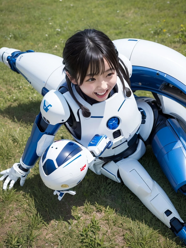 Ottrial、Girl and robot collaboration photo、comical、A butterfly lands on the robot's head、The girl who saw it laughed.