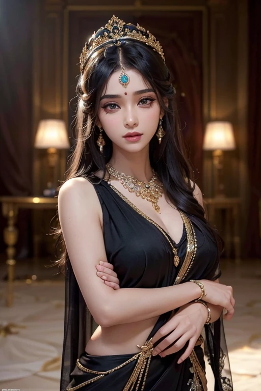 digitl art, A woman with long, wavy black hair, greeneyes, skin tanned, wearing a purple dress with gold details Indian style, gold necklace resting in its castle