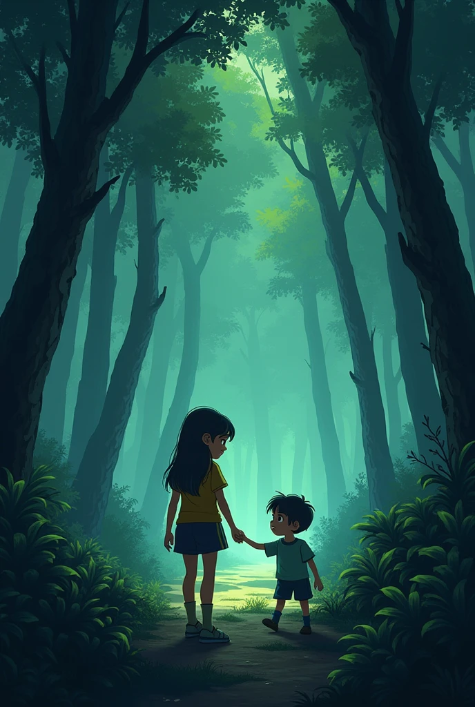 Create a comic style image of a forest as a background. Some parents lost their daughter in the forest. It shows how this girl in a dress is found by her parents and is caught with excrement on her face and people are surprised.





