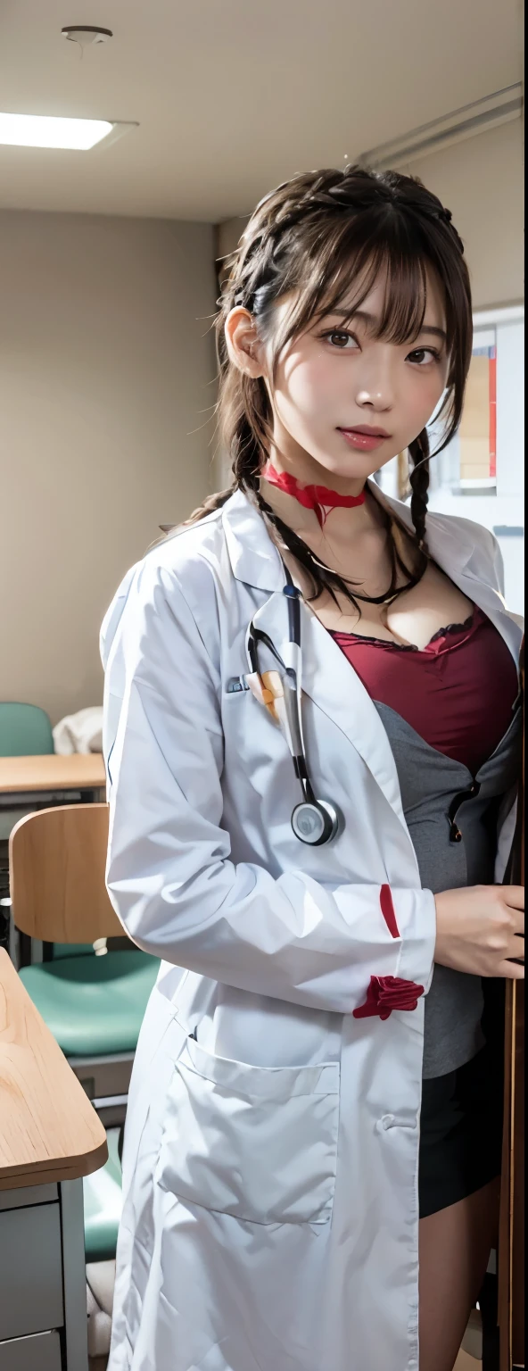 1lady solo, sitting, (looking at viewers), (white lab coat) stylish outfit, mature female, /(light brown hair/) bangs, kind smile, (masterpiece best quality:1.2) delicate illustration ultra-detailed, large breasts, /(stethoscope around neck/) BREAK (hospital examination room) indoors, work desk, (x-ray photo), detailed background, (((braided hair))), big , (large cleavage)