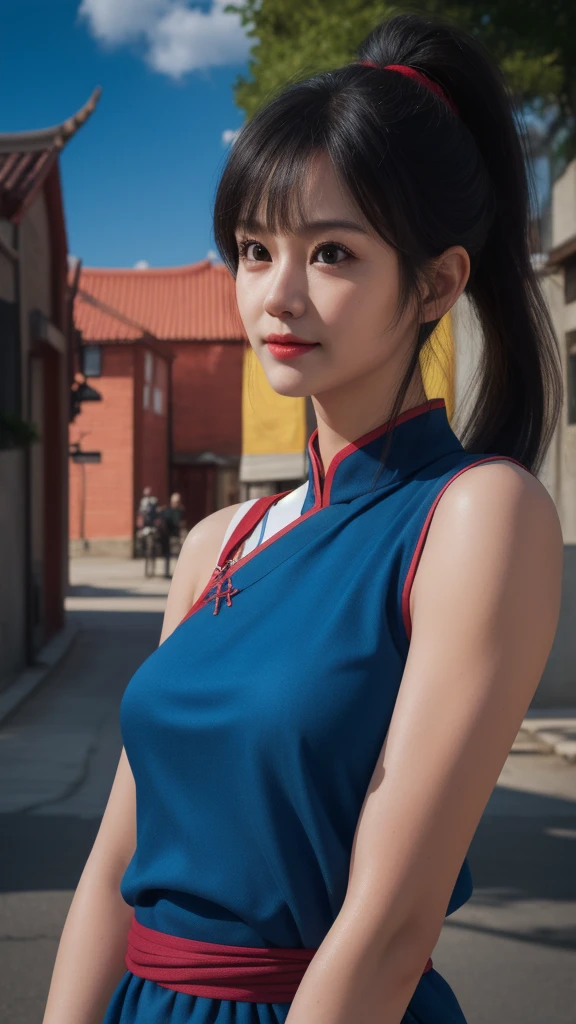 chichi, 1girl, solo, black eyes, black hair, blunt bangs, sidelocks, low ponytail,
china dress, blue dress, sleeveless, red sash, wristband, bare shoulders,
smile,closed mouth,cowboy shot,
city ,outdoor, sunny, light on face
(insanely detailed, beautiful detailed face, masterpiece, best quality) cinematic lighting, (insanely detailed, beautiful detailed face, masterpiece, best quality) cinematic lighting, (photo realistic:1.4), (hyper realistic:1.4), (realistic:1.3), (smoother lighting:1.05), (increase cinematic lighting quality:0.9), 32K