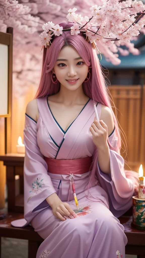 Occupation: fortune teller. Beautiful girl with long hair. Pink hair color. Large eyes. Innocent atmosphere. Sexy kimono-like outfit.
