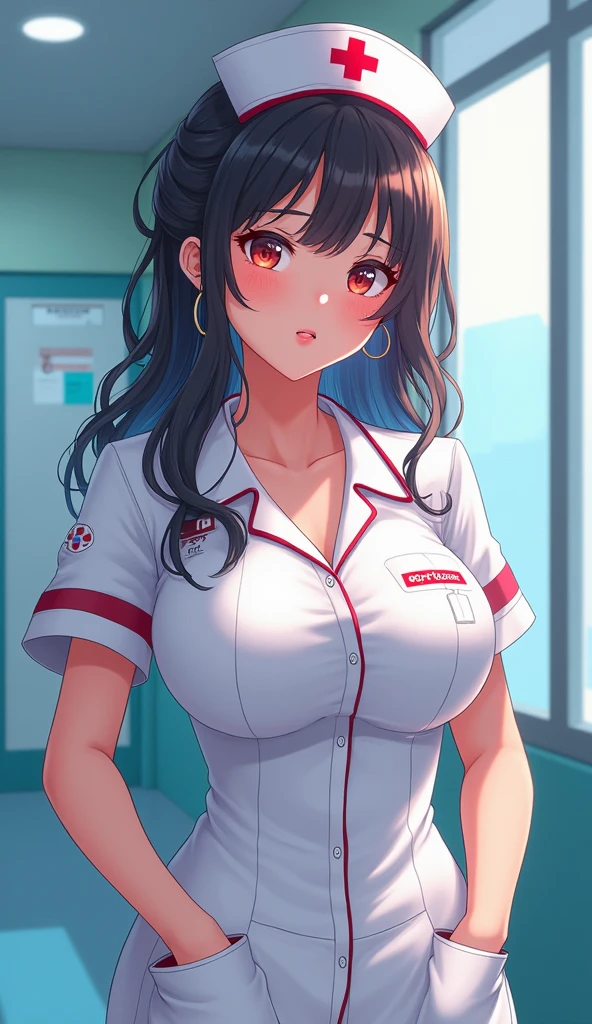 1girl, solo, Brown ponytail, cleavage, white nurse outfit, smiling, sitting on bed, (grabbing breasts:1.4), front view