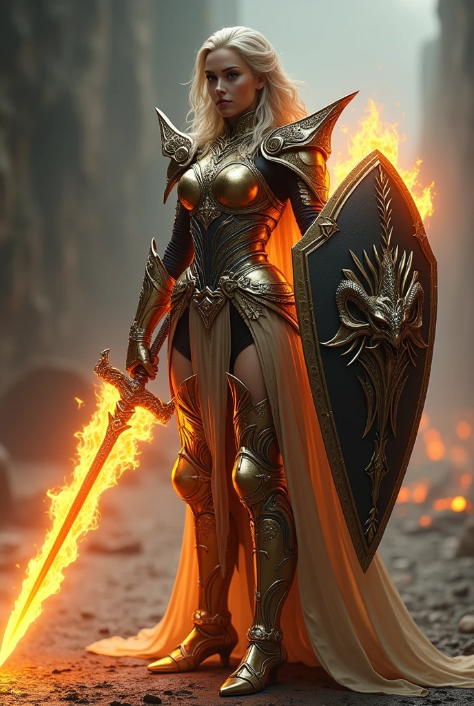 Great quality, masterpiece, Highest quality, Very detailed, Very detailed, Ultra-high resolution, 32K　Girl　Clear and beautiful eyes　masterpiece　mysterious
, Wearing armor with a wonderful texture, Gold, black and silver armor, Glowing flaming sword in hand,  Soft colors, blonde, Dragon Shoulder　Fire-breathing Dragon Sword　Stylish gorgeous demonic gauntlets　Cinema Lighting　Realistic　Clear, beautiful eyes　8k.Crystal Shoulder Pads, Very detailed　黒金Demonic Shield　Full body pose　Pose to greet the enemy　Full body pose　Demonic Shield　Devilish Boots　Devilish kneepads