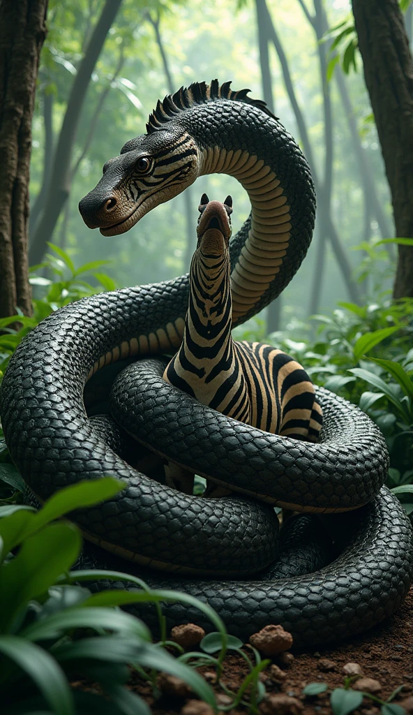 A anaconda joint his mounth with zebra a long tail on back in forest