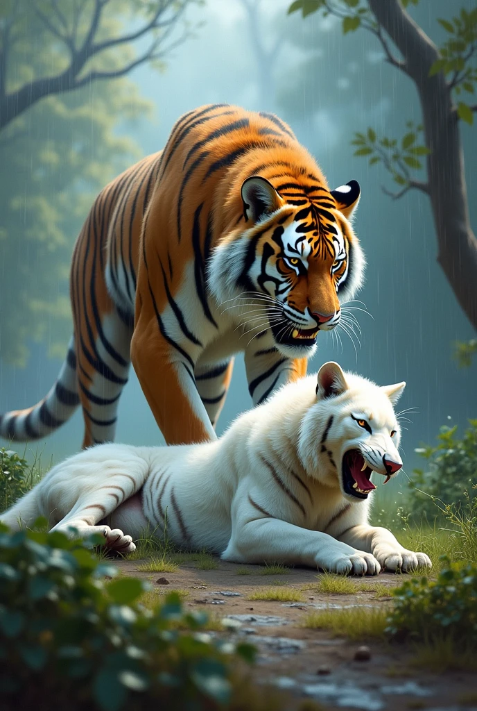 (​masterpiece), realistic, cinematic light, a ninja girl is fighting a big white tiger in the jungle, full body, from below and side, beautiful eyes, silver hair, perfect anatomy, very cute, (blue eyes), 8K, human hands, character sheets, concept-art, smooth and detailed hairstyle, eyes shed tears while holding back the pain, open mouth and stick your tongue out,