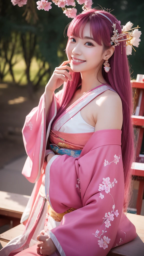 1 girl, (Ulzzang-6500:0.7), K-POP idol, yae miko, removed sleeve, bare shoulders, pink hair, long hair, kimono, highest quality, (painting:1.5), (hair ornaments:1.35), jewelry, purple eyes, earrings, chest, torii, cherry blossoms, lantern light, Depth of bounds written, detailed face, face focus, ribbon_trim, (looking at the viewer:1.25), non-traditional shrine maiden, shiny skin, long sleeve, smile, thick lips, game CG, put your hand on your lips, east asian architecture, (blurred background:1.2), sitting, Upper body,pussy