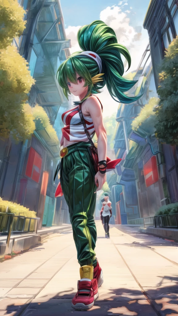 anime girl with green hair and green pants walking down a sidewalk, pokemon anime style, pokemon art style, pokemon trainer, illustration pokemon, misty from pokemon, pokemon style, pokemon trainer outfit, style artgerm, forest city streets behind her, in style of artgerm, pokemon inspired, stylized anime, anime style. 8k