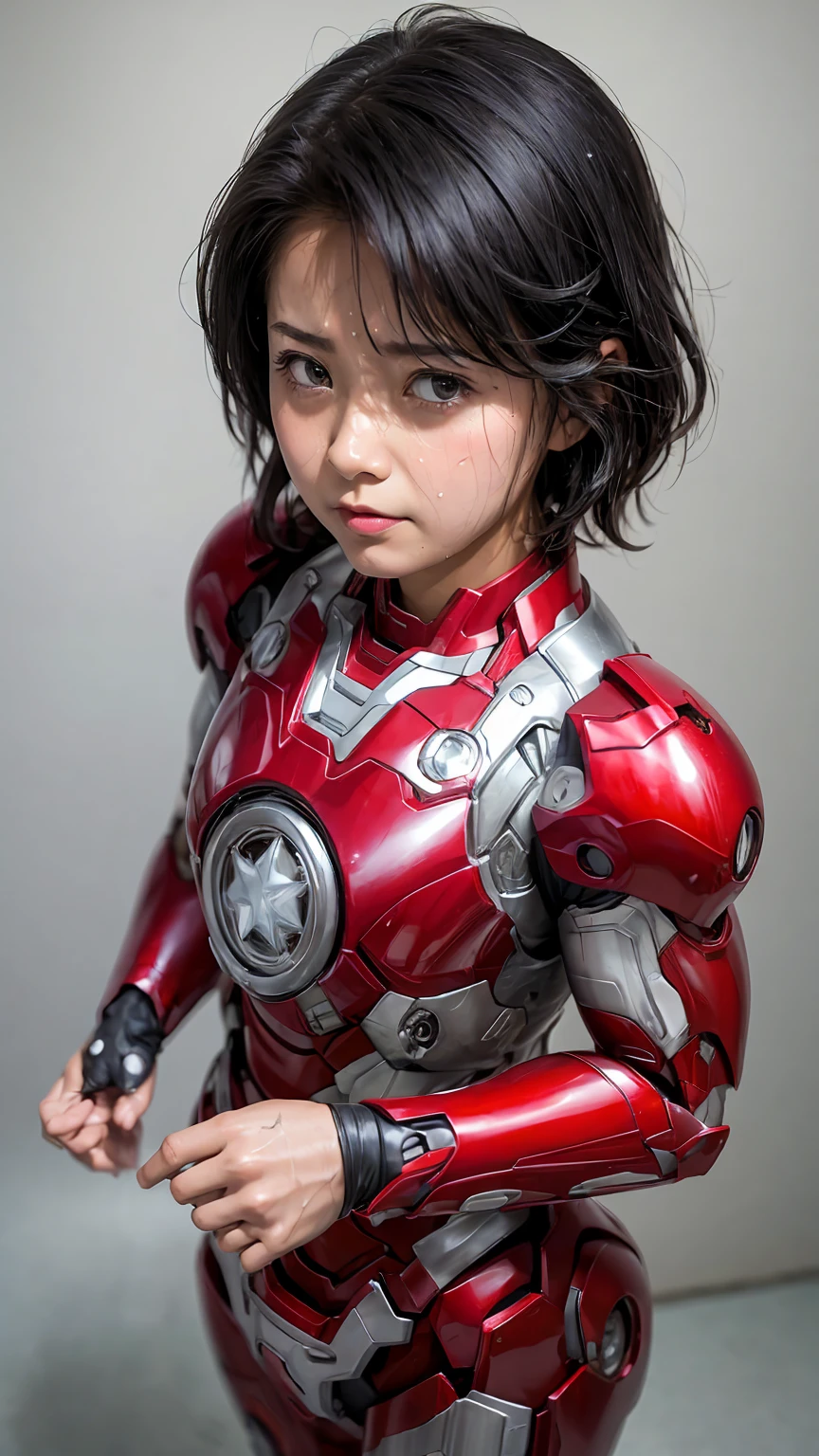 Highest quality　8k Iron Man suit girl　 girl　Sweaty face　cute　short hair　boyish　Steam coming from the head　My hair is wet with sweat　Black hair feel　Full body portrait　My upper body is soaked　close your eyes