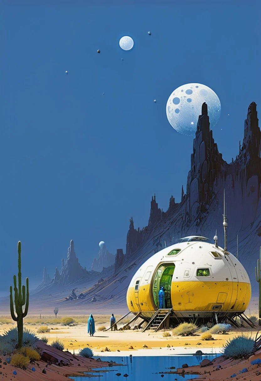  blue, white and yellow color, blue color tone, Background is stunning alien desert, desert village scenery, desert planet, new planet, alien settlement, alien world detailed and intricate environment, oil painting, palette knife soft brushstrokes, heavy strokes, dripping paint, art station on trend, sharp focus, intricate details, highly detailed ,art by enki bilal, art by philippe druillet, art by moebius, inspired by french comics art ,art by Jakub Rozalski, 1920+ Poland