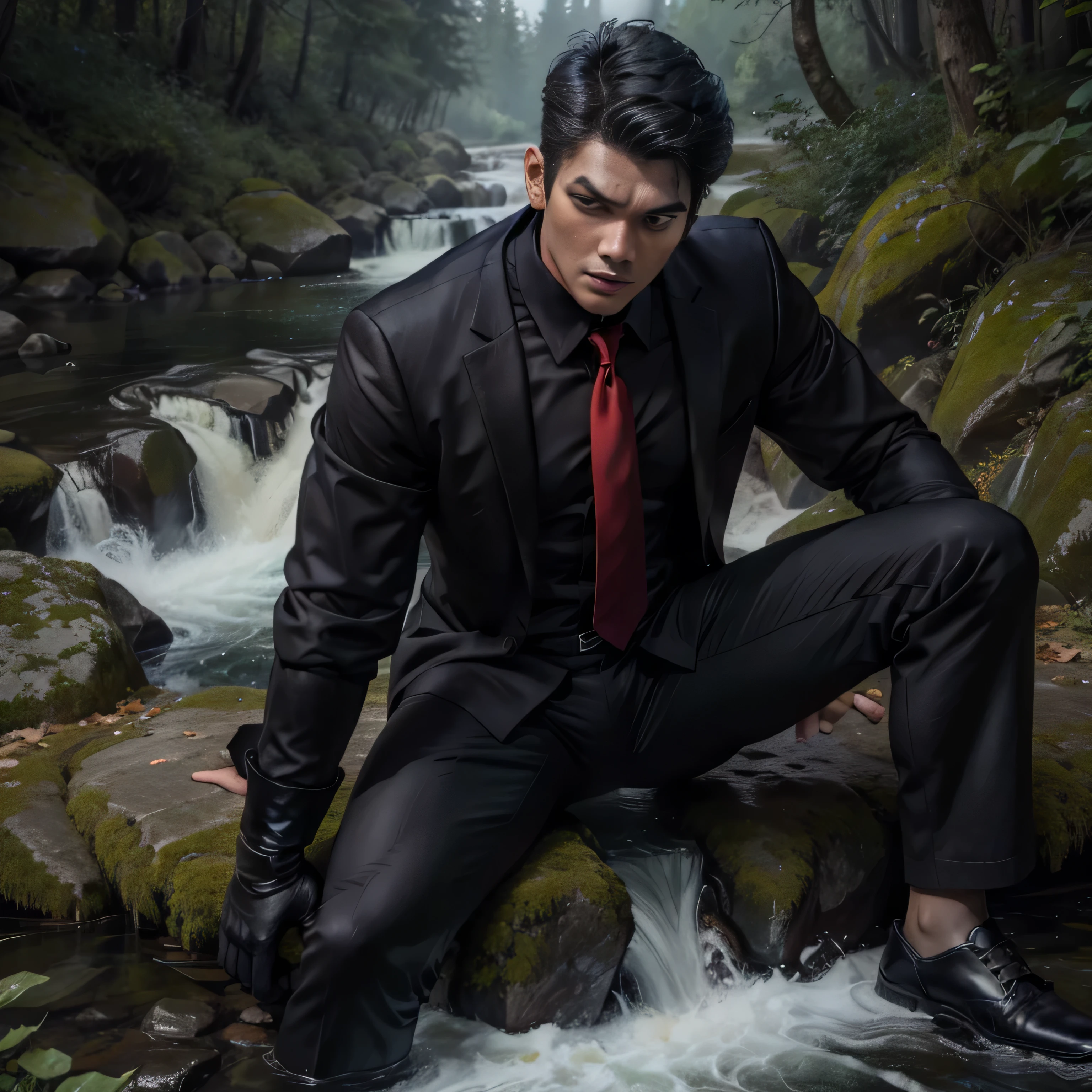 3,One Man,Tall handsome man、Black Shirt、Red tie、Black gloves、Forest、Knocked down in the river with legs spread、 ,Black Hair、Very short hair、Asian Face　　　Menacing look　Close-up of face　