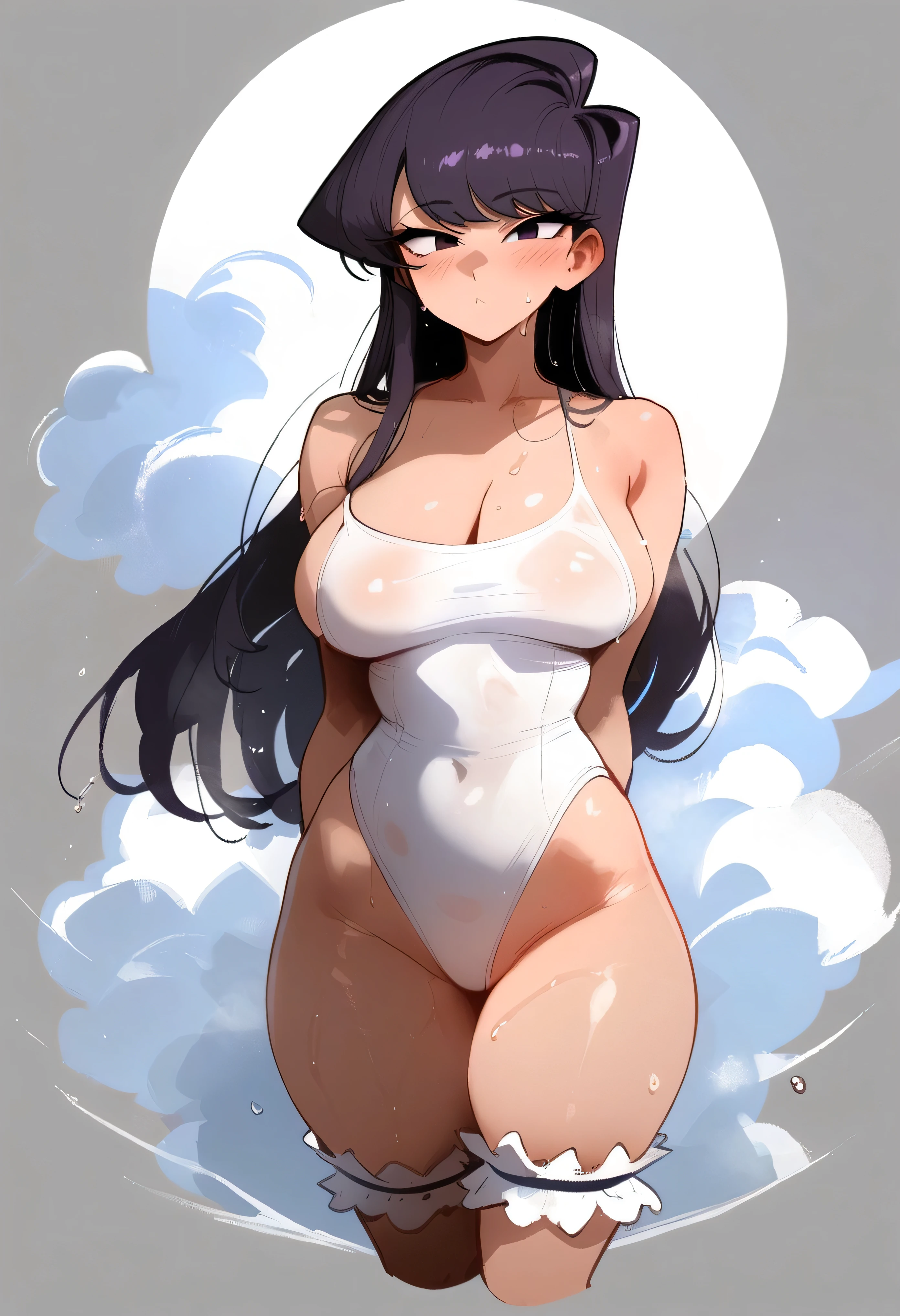 1girl, komi shouko, komi-san wa komyushou desu
\\\\\ masterpiece, best quality, newest ///// nyantcha, khyle, cutesexyrobutts \\\\\ thin waist, solo, cropped legs,, ,white one-piece swimsuit,, grey background,,breast_slip ,,wet,sweat, shiny skin, bridal garter,,long hair,= blush, lookin at viewer, =_=, big breasts, chibi, , sky, clouds