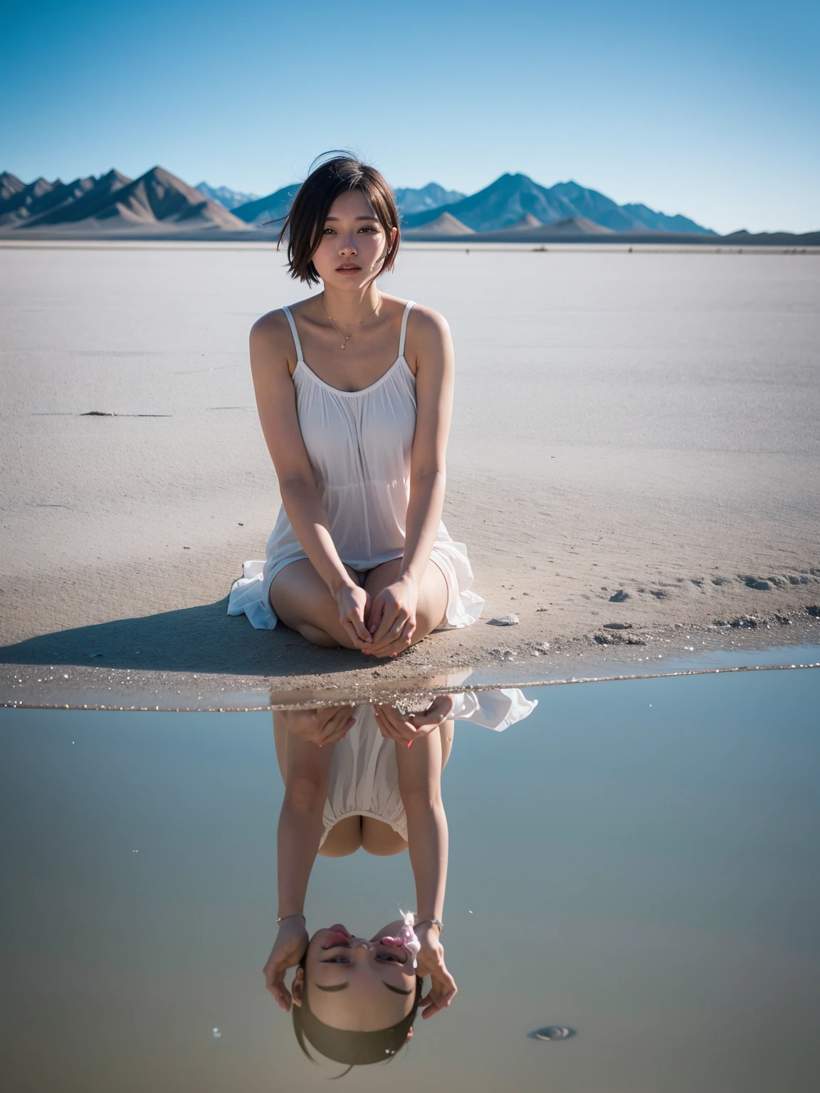 Day本人女性, ((look at viewer)), short hair, naked, skinny, Day, sky porn,outdoor, after the apocalypse, Remains, scenery, wood, water,spread your legs, spread your pussy, close,