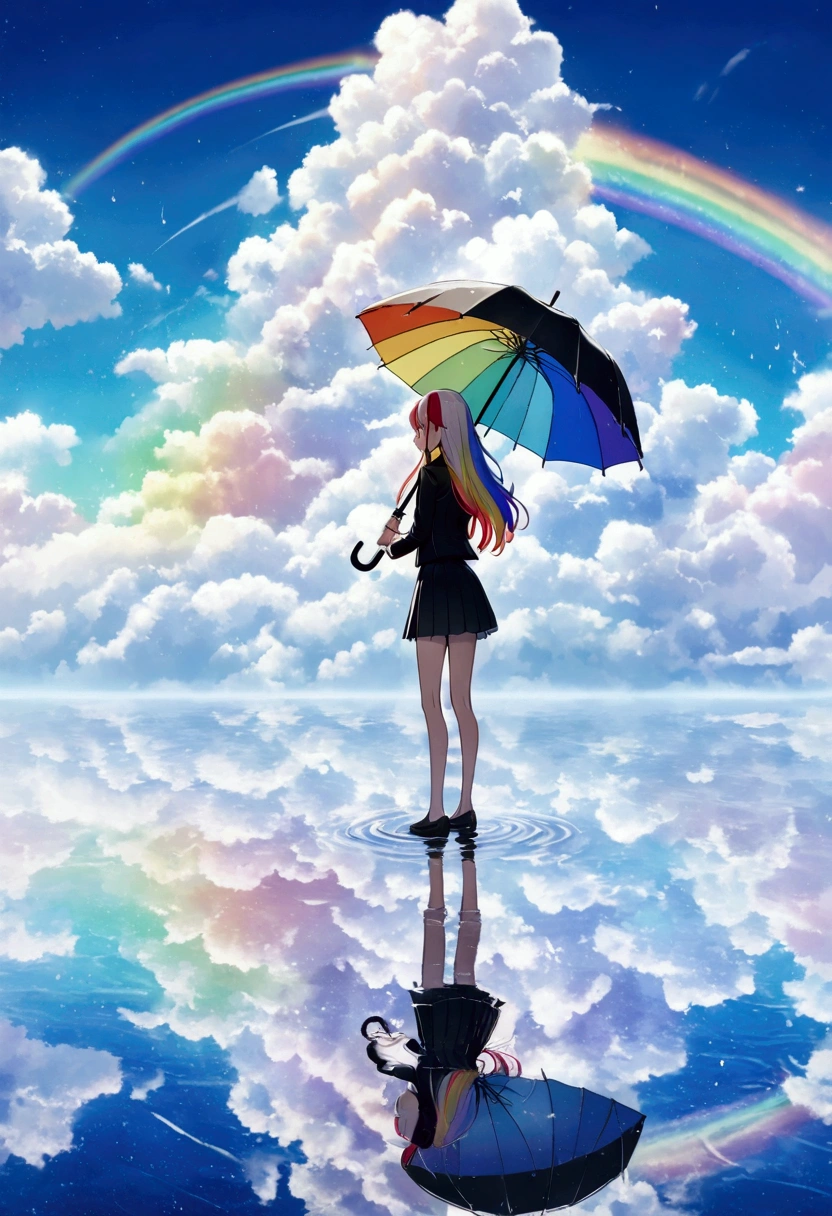 A woman holding an umbrella,Holding an umbrella with both hands, rainbow-colored hair,Long Hair,Black Uniform,mini skirt　A rainbow appears,noon,It rains,Reflection on the water horizon, standing on liquid 　Catch the wind