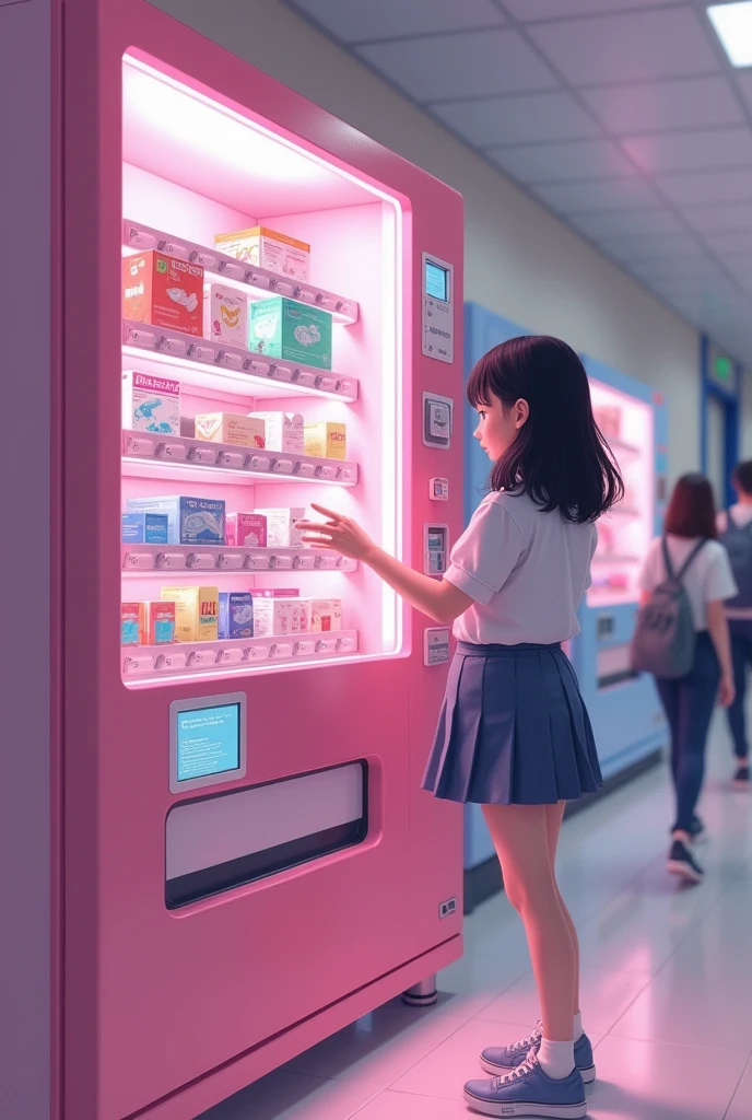 A young girl trapped inside a stuffed prize machine, with glass windows.