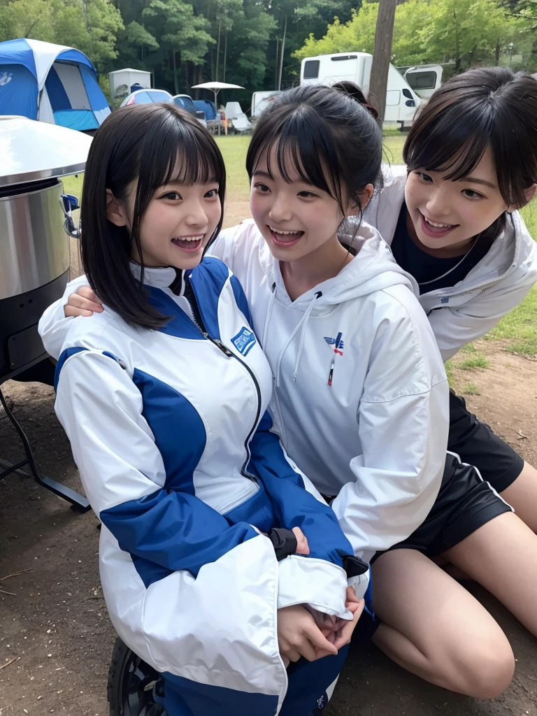 girls standing in rural school field,navy blue swimsuit with camisole straps and white trim,18-year-old,bangs,a little smile,thighs,knees,short hair with low pigtails bunches,from below,front light