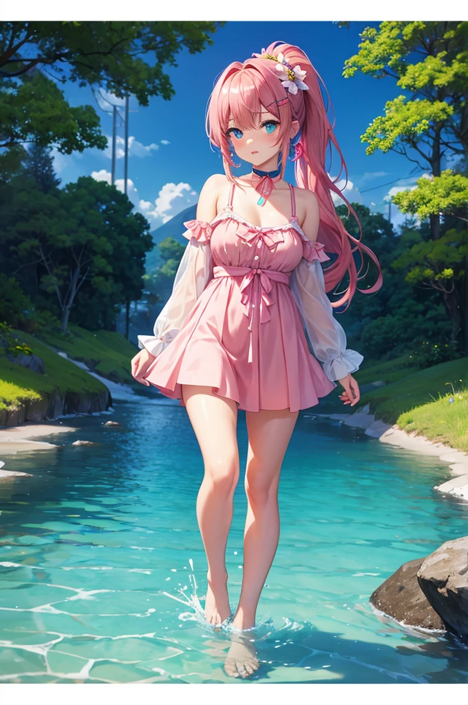 top-quality、extremely delicate and beautiful、Soio、Soio、8--old l、Italian、Lori、Chiquita、elementary stud))、（highleg）dress room、、Tiara on the head、A smile、is standing、Facing the front、Pond in the background、the woods、cherry trees