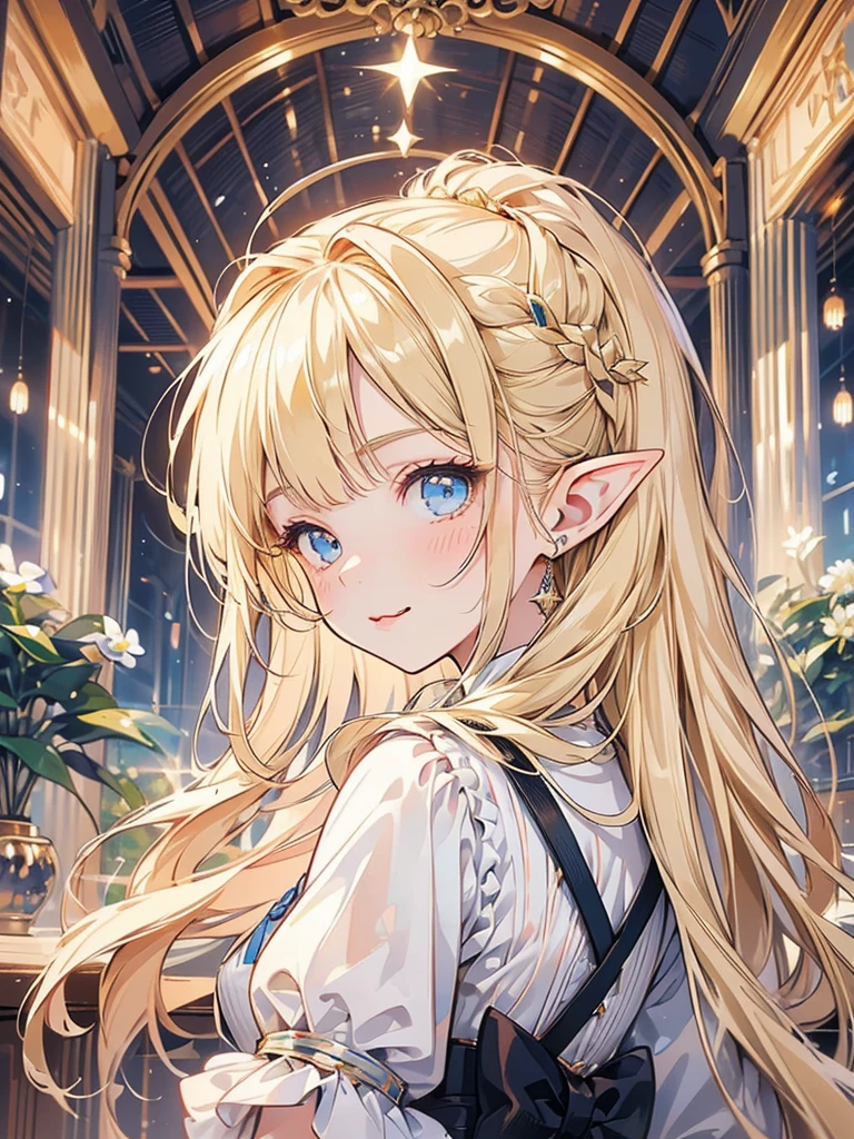 masterpiece, best quality, 1girl, ultra detailed, ultra highres, well-definded facial features, anatomically correct, cute girl, long pointy ears, elf, nice face,blonde hair, blue eyes,looking at viewer, from side, tongue out, V-sign, Dutch golden age painting, 