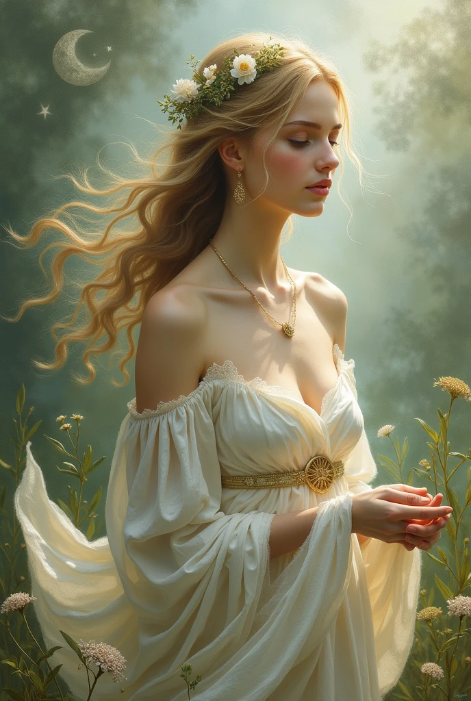 a painting: a woman in a white dress, standing in the field., The Art of Édouard Bisson, Beautiful Maiden, Unearthly beauty, beautiful fantasy art, rob rey, a stunning portrait of a goddess, a stunning young ethereal figure, elegant cinematic fantasy art, Goddess in the Field of Flowers, beautiful goddess, ethereal glow, beautiful fantasy maiden, beautiful fantasy art portrait