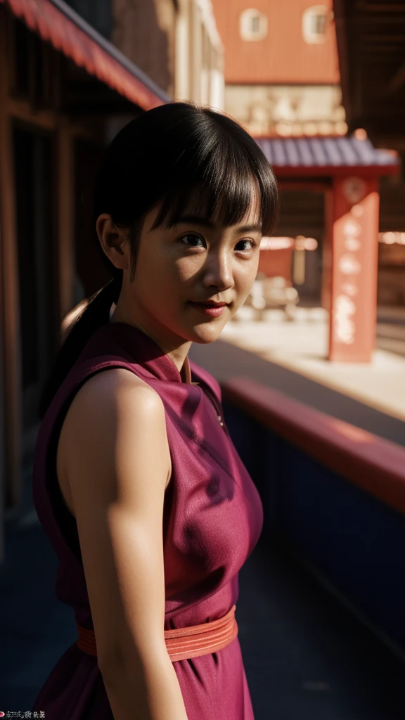 chichi, 1girl, solo, black eyes, black hair, blunt bangs, sidelocks, low ponytail,
china dress, blue dress, sleeveless, red sash, wristband, bare shoulders,
smile,closed mouth,cowboy shot,
city ,outdoor, sunny, light on face
(insanely detailed, beautiful detailed face, masterpiece, best quality) cinematic lighting, (insanely detailed, beautiful detailed face, masterpiece, best quality) cinematic lighting, (photo realistic:1.4), (hyper realistic:1.4), (realistic:1.3), (smoother lighting:1.05), (increase cinematic lighting quality:0.9), 32K