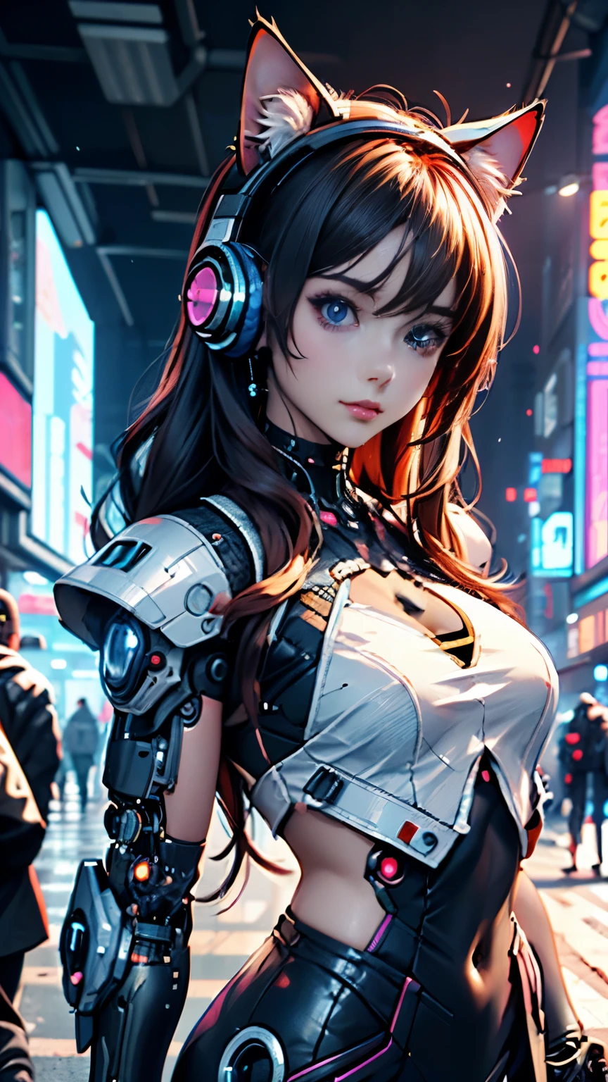 (RAW quality:1.4), highest quality，masterpiece，16k，One girl,blue eyes,chest,Brown Hair,cyber punk,Shine,Headphones,Long Hair,Realistic,Half exposed chest,Wide area blue phosphor structure at shoulder,Illuminated mechanical structure under the side of the chest,Diagonal close-up,Black to pink gradient hair,alone,Upper Body,Light-up earphones,Mechanical Earphones,night,Mechanical neck protection with 3-point light source,Urban background, Neon Light, skyscraper, Blurred Background, Shallow subject depth,