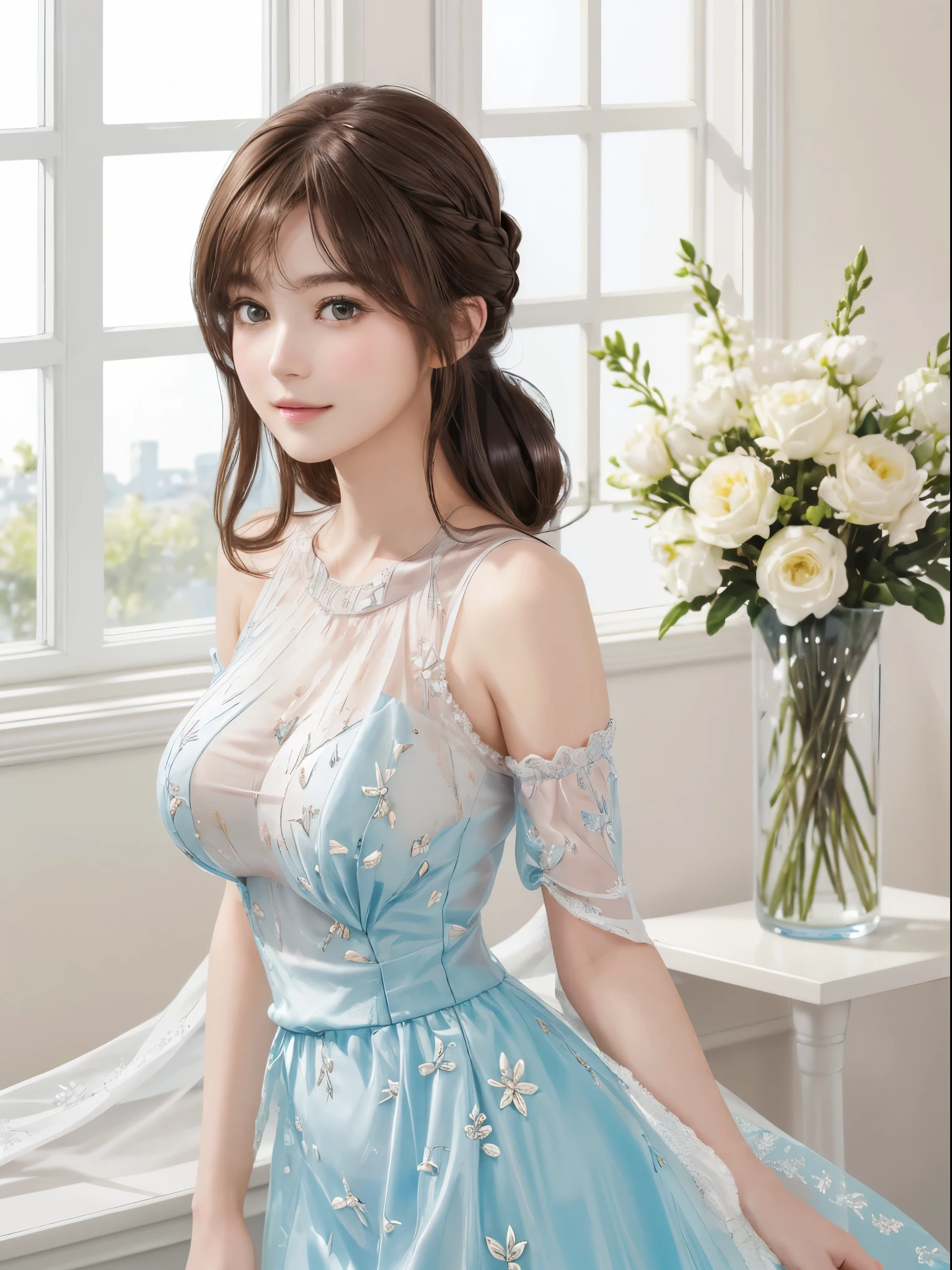 Best Quality, Masterpiece, High Resolution, 1 Girl, Porcelain Dress, Hair Accessories, Necklace, Jewelry, Beautiful Face, Physics, Tyndall Effect, Realism, Dark Studio, Edge Lighting, Two-tone Lighting, (High Detail Skin: 1.2), 8k UHD, DSLR, Soft Light, High Quality, Volumetric Light, Voyeur, Photo, High Resolution, 4K, 8K, Background Blur, Big Breasts, Full Body, Long Legs, High Heels, Blue Short Skirt, Refined Face
