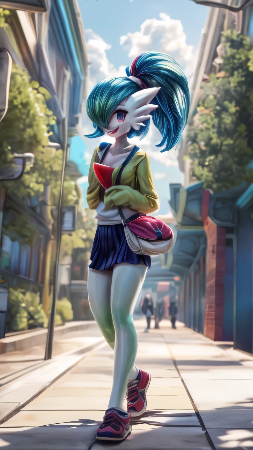 (best quality,4k,8k,highres,masterpiece:1.2),ultra-detailed, Gardevoir as a College Girl walking around college campus, strutting her stuff, Smiling and laughing, Flirting with the viewer, Pokémon, Pokémon (game), game freak, nintendo, (porcelain skin), blue eyes, (hair green), (messy hair in a ponytail), Pokeball purse, HDR, 8k, absurdres, cinestill 800, sharp focus, add_detail:3 (solo woman) Tenchan