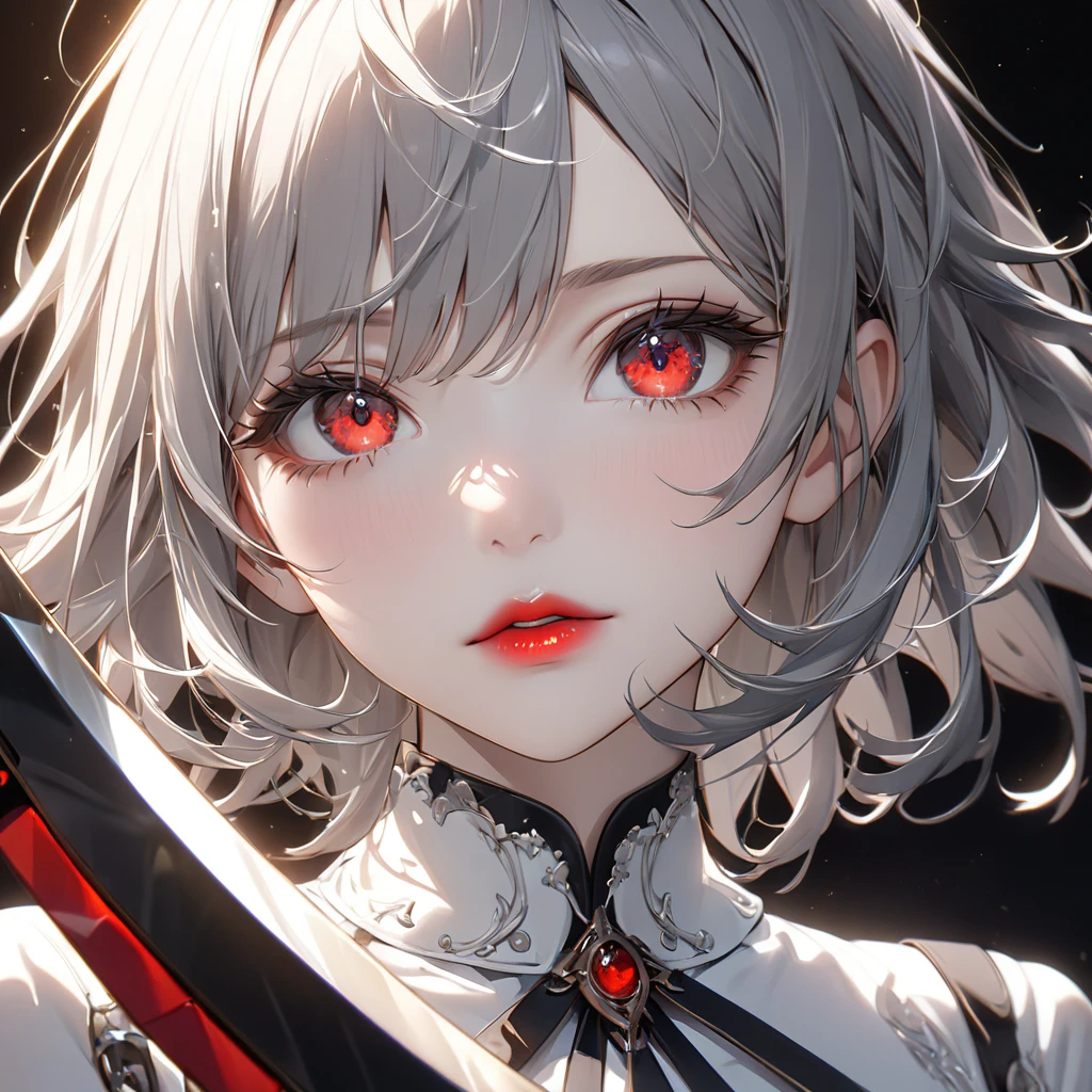 with short white hair, Noble temperament, Crimson cheeks, Licked his lips, Confused eyes.