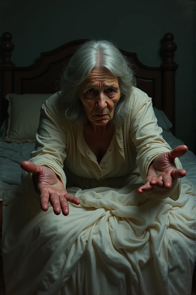 masterpiece, (old granny 90yo:1.4), Large breast hidden under shirt, 8k, (nsfw:1.4), (spread legs:1.2), (silk white clerical dress:1.6), (((close eyes open mouth))), (((lying down on bed))), sleeping, (from belove:1.4)