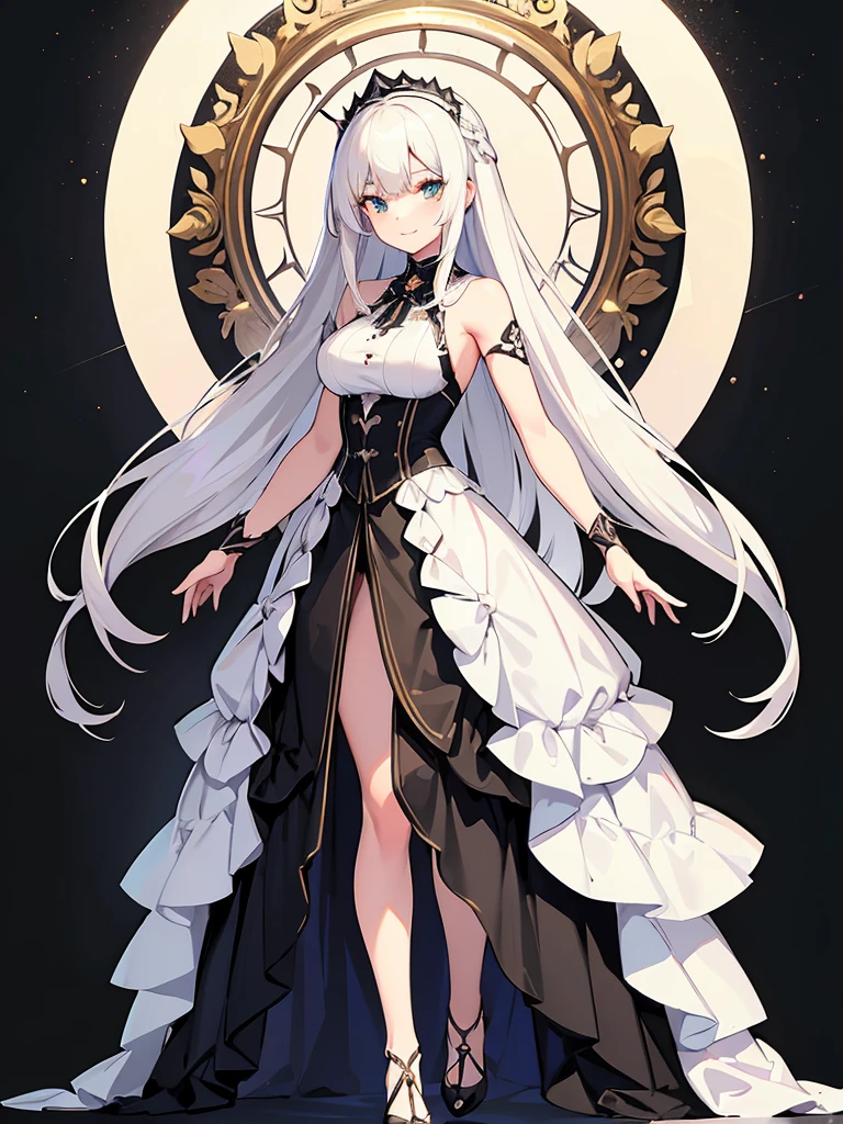 Masterpiece, ultra detailed illustration, extra fine, (1 girl), pitch black background, full length, standing, face and eyes extra fine, anime character with long white hair and black dress, god with white hair, from arc knights, cute anime wife in nice dress, white hair, in dress, trending art station on pixiv,. Girls Frontline, white hair, official character art, perfect girl with white hair, white haired woman, (shining sharp emerald eyes), dress is sleeveless, (perfect hands),bouquet of flowers,4K,masterpiece,high quality,1 girl,full body,standing,blonde long hair,extremely detailed face,smile,simple background,wallpaper