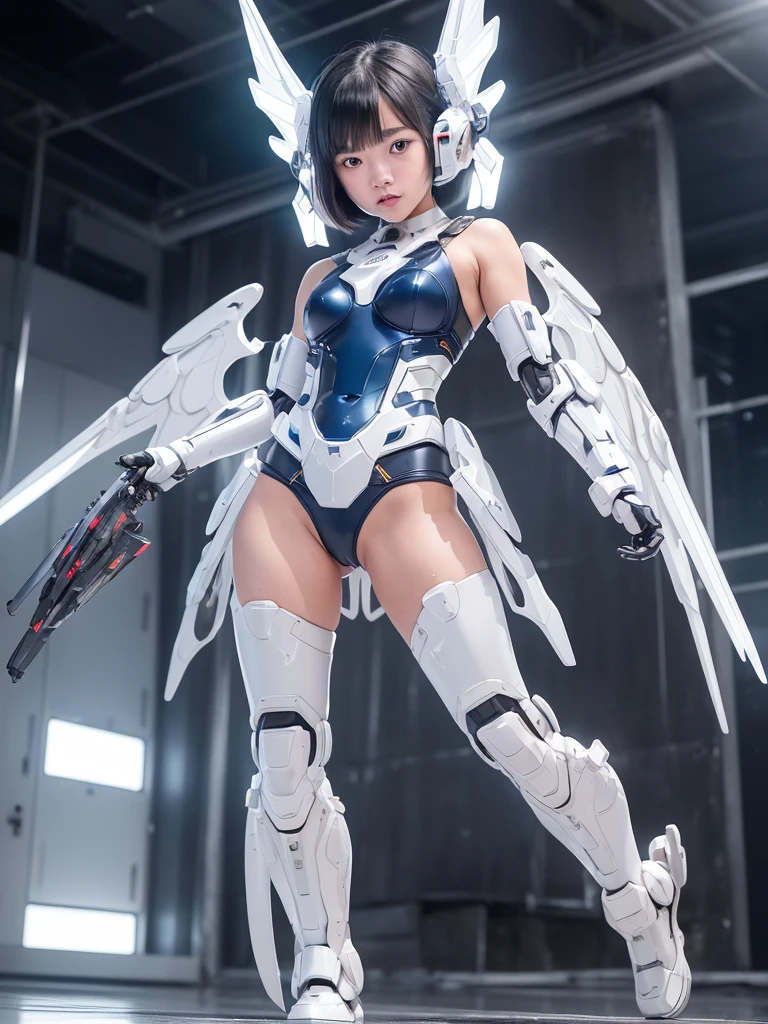 ((masterpiece, hyper quality, highly detailed)), photo realistic, realistic, (ultra high definition: 1.2), High resolution 16k, (Skin texture must be natural:1.5), (色の薄い肌: 1.3), white skin:1.4, (完璧な解剖学),,japanese high school girl wears only a futuristic Gundam mecha,(Gundam mecha), Gundam style,with headgear,with v-fin, (mechanical wings),From the Azur Lane video game, biomechanics boobs, biomechanics thighs,mechanical shins and feet,visible cleavage,visible groin, android heroine, Azur Lane characters, fully robotized!! girl, perfect android girl, small details. , (cute:1.2), (bob cut:1.3), 黒髪, 太い眉毛, 薄い茶色の虹彩, 大きくて輝いている黒い瞳, 長いまつげ, 小さく薄い色の自然な唇, ((Average face of Japanese idols)), (日本人特有の童顔:1.3), (baby face:1.1), 広いおでこ:1.2, ふっくらした頬, 小さな顎, 詳細な太腿,細い体, in the hangar,looking at viewer,Focus on the eyes