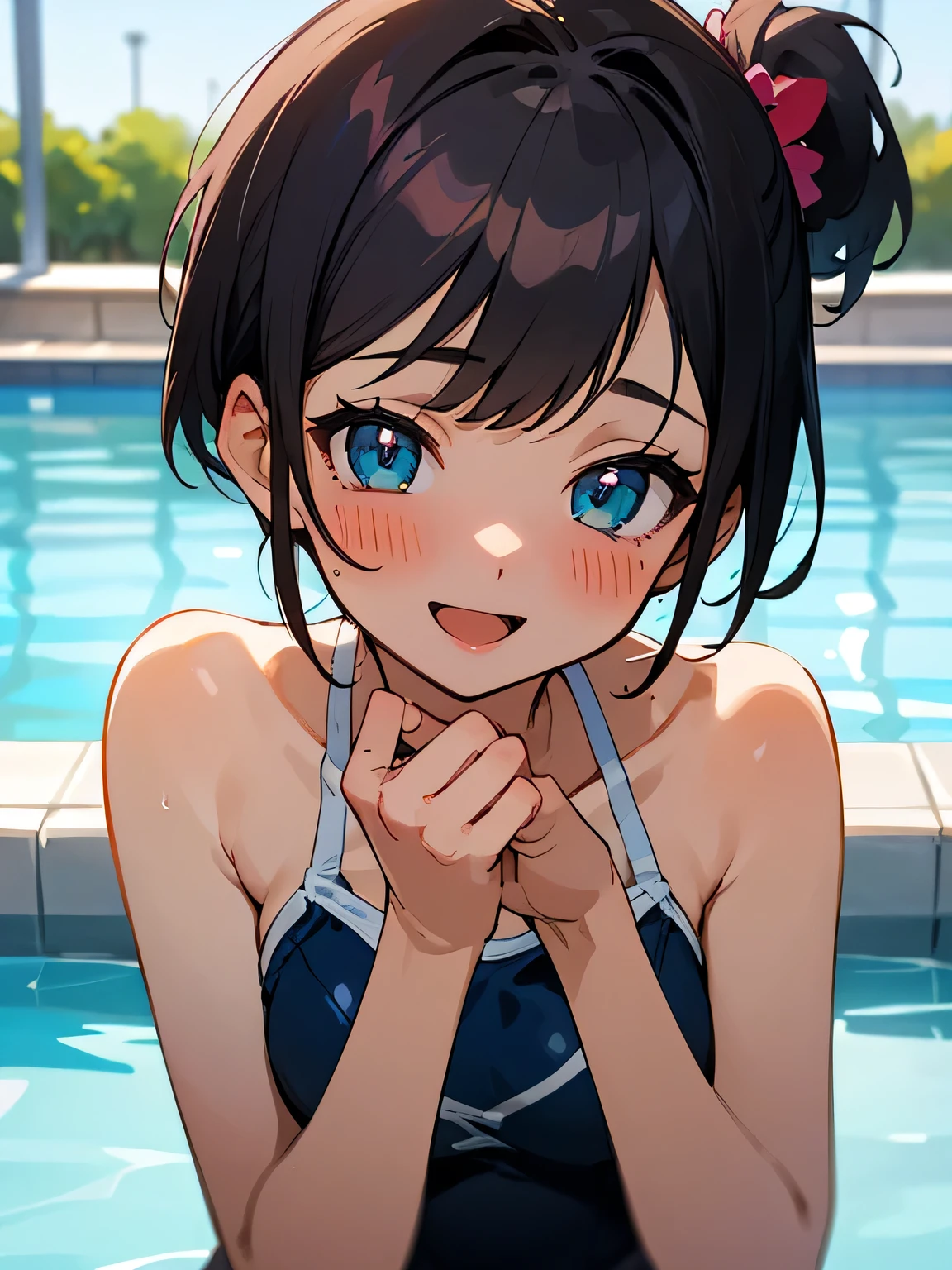 ((Browsing Caution)), highest quality、High resolution、Detailed Background、masterpiece、cute10代の美少女、Three Women、Wet and shiny strength bikini、Brown Hair、Bobcut、Braided Ponytail、それぞれcute編み込みヘアスタイル、(Huge breasts:1.2)、Realistic images、Perfect body line、Thick thighs、 (Three beautiful girls in metallic micro bikinis at the school pool、Extreme close-up from below:1.5))、Swimsuit close up from below、look at me with cold eyes、Swimsuit that glows when wet、My whole body is wet、My hair is wet too、cute