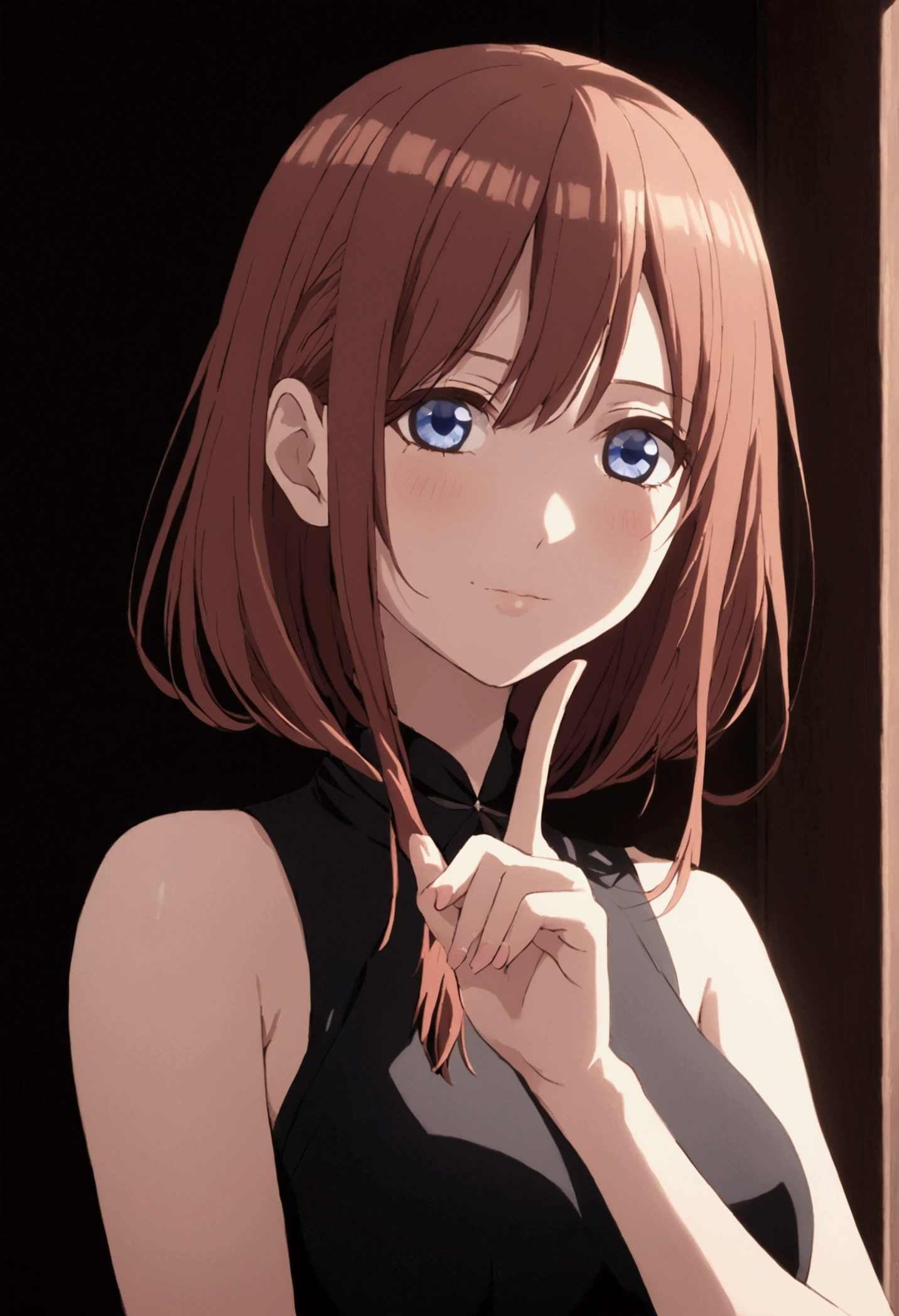 1girl,Miku nakano, sexy, detailed brown hair, beautiful detailed blue eyes, pinkish white skin, blushing, beautiful detailed face, happy expression, tight black dress, busty, arms crossed , hands detailed finger by finger , looking straight ahead , Good shadows, good lighting, 8k