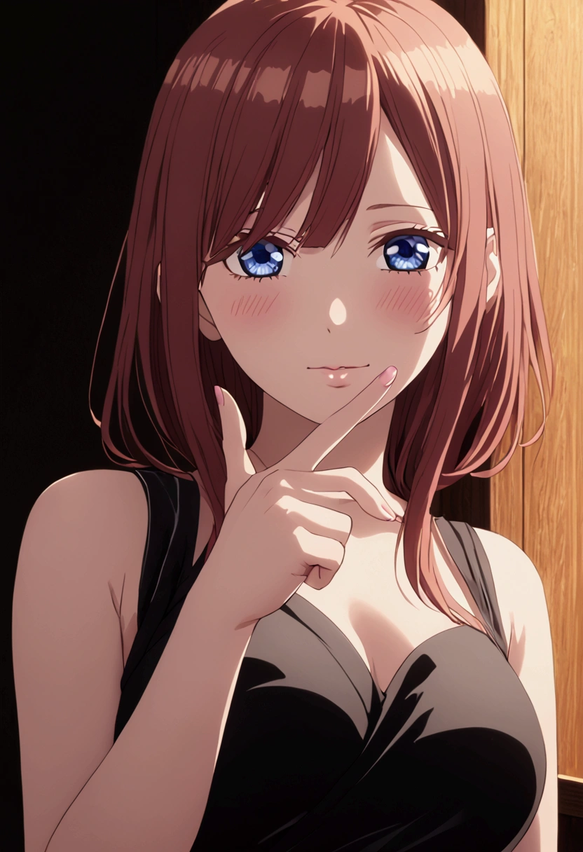 1girl,Miku nakano, sexy, detailed brown hair, beautiful detailed blue eyes, pinkish white skin, blushing, beautiful detailed face, happy expression, tight black dress, busty, arms crossed , hands detailed finger by finger , looking straight ahead , Good shadows, good lighting, 8k